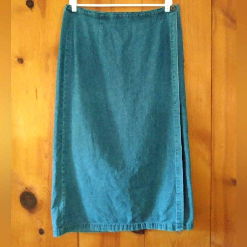 CJ Banks Denim Mock Wrap Maxi Skirt